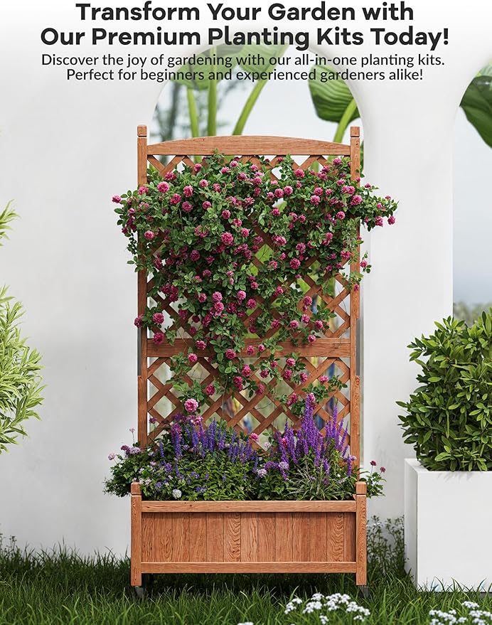 29.5"x13"x61.5" Large Wooden Raised Garden Bed with Trellis & Adjustable Wheels - Planter Box with Drainage Holes for Herbs, Flowers - Portable Indoor/Outdoor Use, 2 PCS