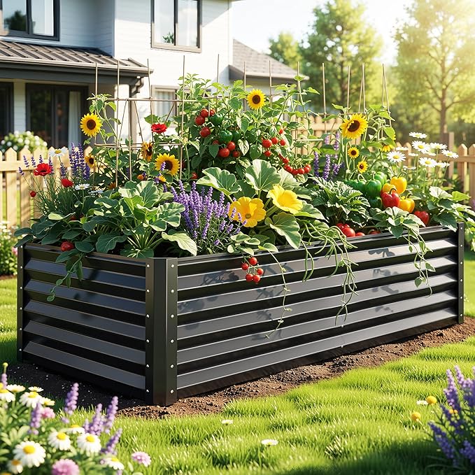 YITAHOME 6x3x1.5ft Large Raised Garden Bed Kit, Galvanized Metal Planter Box with Gloves, Support Rod, Outdoor Above Ground Planters for Plants, Vegetables, Flowers, Black
