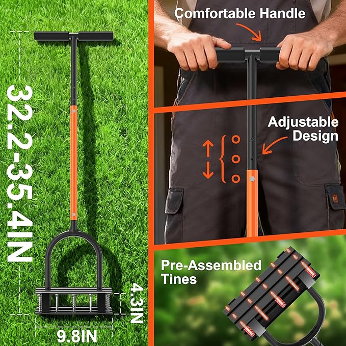 Aerator Lawn Tool - 2-in-1 Reinforced Heavy Duty Manual Lawn Aerator with 15 Spikes, Automatic Dirt and Leaf Clean Design, Adjustable T-Handle (Orange)