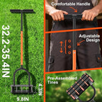 Aerator Lawn Tool - 2-in-1 Reinforced Heavy Duty Manual Lawn Aerator with 15 Spikes, Automatic Dirt and Leaf Clean Design, Adjustable T-Handle (Orange)
