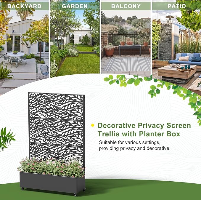 Casaphoria Metal Raised Garden Bed with Trellis and Wheels, 72"x47"x16" Planter Box for Climbing Plants, Vegetables & Vines, Features Drainage Holes and Privacy Screen (Black-Spring)