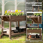 Outsunny Raised Garden Bed, 57 x 20.5 x 34 in Wood Elevated Planter Box with Lockable Wheels, Side Tables and Bottom Shelf, Outdoor Raised Planter with Bed Liner and Drainage Holes, Carbonized