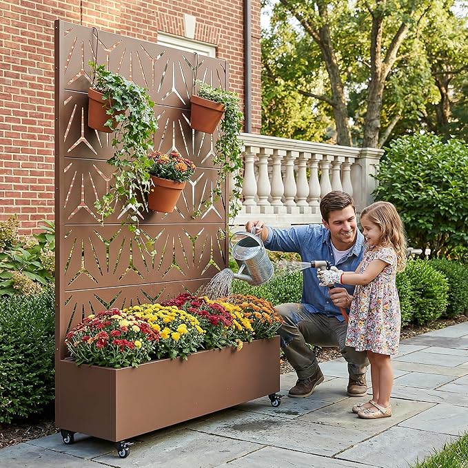 Casaphoria Metal Raised Garden Bed with Trellis and Wheels, 72"x47"x16" Arched Planter Box for Climbing Plants, Vegetables & Vines, Features Drainage Holes and Privacy Screen, Brown-Star