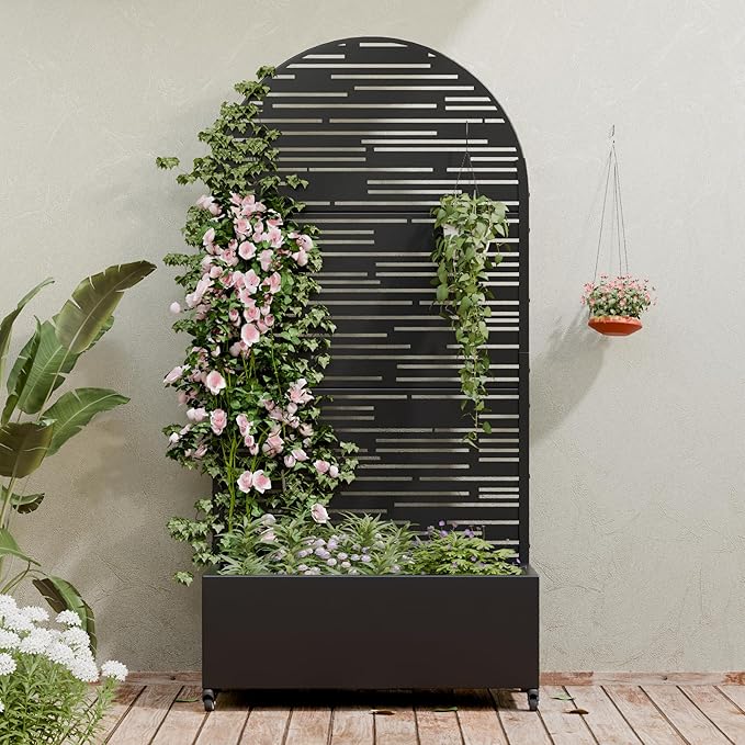 Casaphoria Metal Raised Garden Bed with Trellis and Wheels, 72"x35"x16" Arched Planter Box for Climbing Plants, Vegetables & Vines, Features Drainage Holes and Privacy Screen (Black-Shine)
