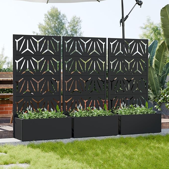 Casaphoria Metal Raised Garden Bed with Trellis, 59"x30"x12" Planter Box for Climbing Plants, Vegetables & Vines, Features Drainage Holes and Privacy Screen, Black-Star