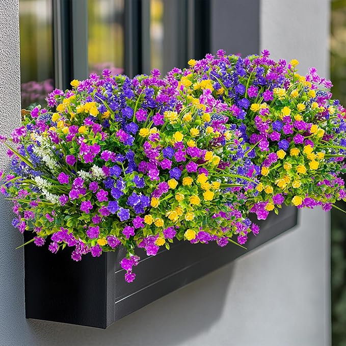 Artificial Flowers Outdoor Fake Plants - 12 Bundles UV Resistant Shrubs No Fade Faux Plastic Greenery Home Garden Porch Patio Decoration Indoor (1, Multi-12pcs)