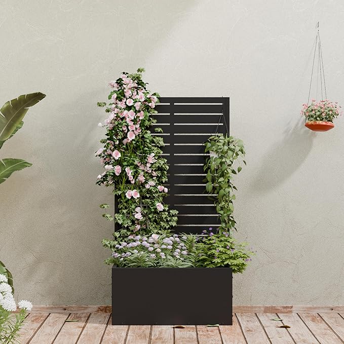 Casaphoria Metal Raised Garden Bed, 47"x24"x12" Planter Box for Climbing Plants, Vegetables & Vines, Features Drainage Holes and Privacy Screen (Black-Louvered)