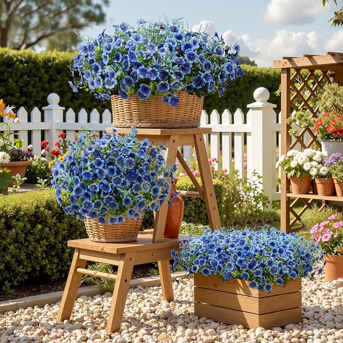 SHareconn 24 Bundles Artificial Flowers for Outdoors Decoration, Faux Plants Fake Silk Colorful Daisy Eucalyptus Lavender, UV Resistant for Outside Home Porch Patio Indoor Spring Decor, Blue