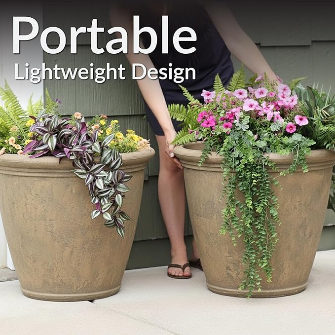 Sunnydaze 24-Inch Anjelica Large Plastic Pot for Plants - Outdoor Double-Walled Large Plastic Planter with Drillable Drainage Holes - Beige - 4pk
