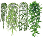 Der Rose 4Pcs Fake Plants Hanging Artificial Ivy Vine Faux Eucalyptus Hanging Plants, Boston Fern, String of Pearls for Living Room Bedroom Boho Wall Shelf Indoor Outdoor Decor (White Pots)