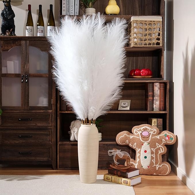 Premium Faux White Pampas Grass – 55" Tall Ultra-Fluffy Extra Full Decor, 8pcs 24-Branch One-Piece Stems No Assembly, Luxury Silk-Feel Feather Flowers for Wedding Boho Modern Decor (140cm)