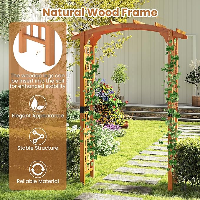 Giantex 7.5FT Wood Garden Arbor Trellis, Wooden Wedding Arch for Ceremony Party, Outdoor Archway Pergola for Climbing Plants, Pathway, Yard, Garden Decor, Easy Assembly (Honey Brown, 63''W x 90''H)