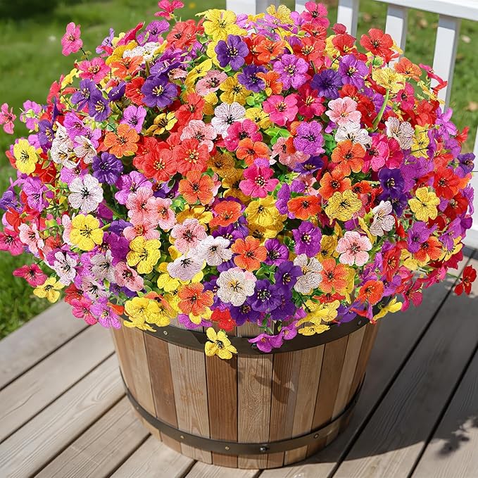 Alupssuc 48 Bundles Artificial Flowers for Outdoors Decoration, UV Resistant Silk Faux Daisy Flora Spring Fake Plastic Plants Greenery for Outside Indoor Yard Home Porch Window Box Decor, Mix 8 Colors