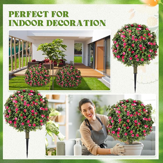Lunmon 2 Pack 24" Artificial Topiary Ball Plants Trees with Flowers, Outdoor Fake Topiary Plants with Ground Spike, UV Resistant Faux Bushes for Indoor Outdoor Front Door Decor(Pink, White,Rose)