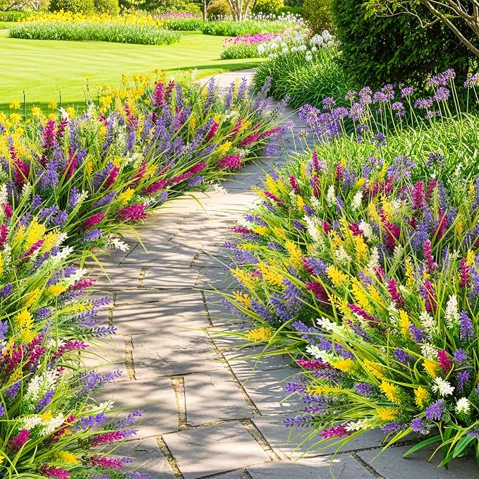 N&T NIETING 10 Bundles Artificial Plants Outdoor Fake Monkey Grass with Flowers for Pot Garden Verandah Decor Plastic Greenery for Window Office Patio Hanging Planter Pathway Front Porch (Mix color 2)