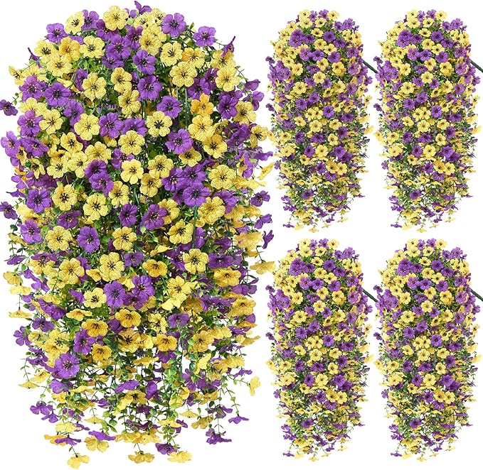 Artificial Hanging Flowers for Outdoors Spring Summer Decoration, 4PCS UV Resistant Silk Fake Hanging Plants for Patio Porch Front Yard Window Garden Indoor Decor(Purple&Yellow,4PCS)