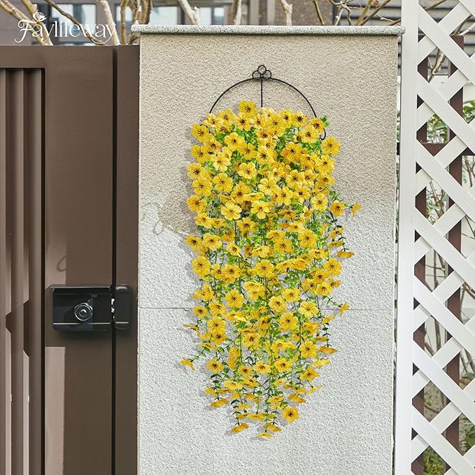 Artificial Hanging Flowers for Outdoors Spring Summer Decoration, 4PCS UV Resistant Silk Fake Hanging Plants for Patio Porch Front Yard Window Garden Indoor Decor(Yellow,4PCS)