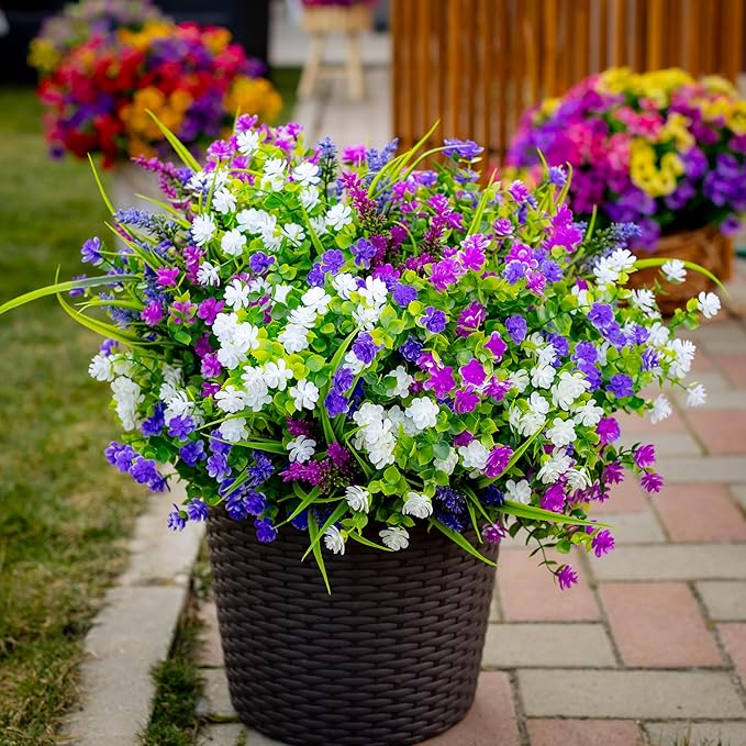 Artificial Flowers for Outdoors Fake Plants - 12 Bundles Faux Outside Greenery Boxwood No Fade Plastic Shrubs Home Decor Farmhouse Garden (Mixed, 3 Colors Magenta Purple White)