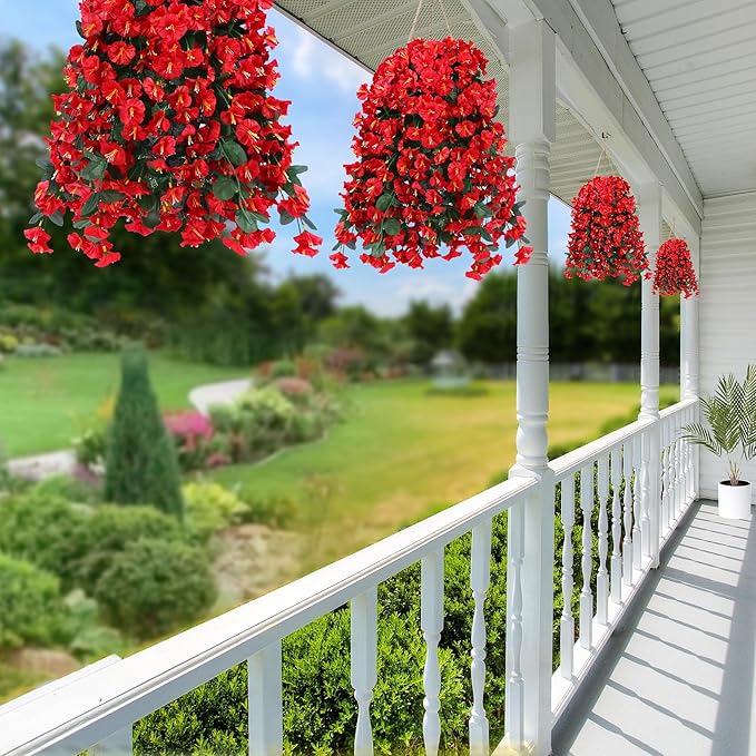 Sggvecsy Artificial Fake Hanging Flowers Plants for Outdoor Outside Spring Summer Decoration 4PCS Faux Silk UV Resistant Realistic Morning Glory Trailing Vines for Home Porch Patio Balcony(Red)