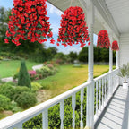 Sggvecsy Artificial Fake Hanging Flowers Plants for Outdoor Outside Spring Summer Decoration 4PCS Faux Silk UV Resistant Realistic Morning Glory Trailing Vines for Home Porch Patio Balcony(Red)