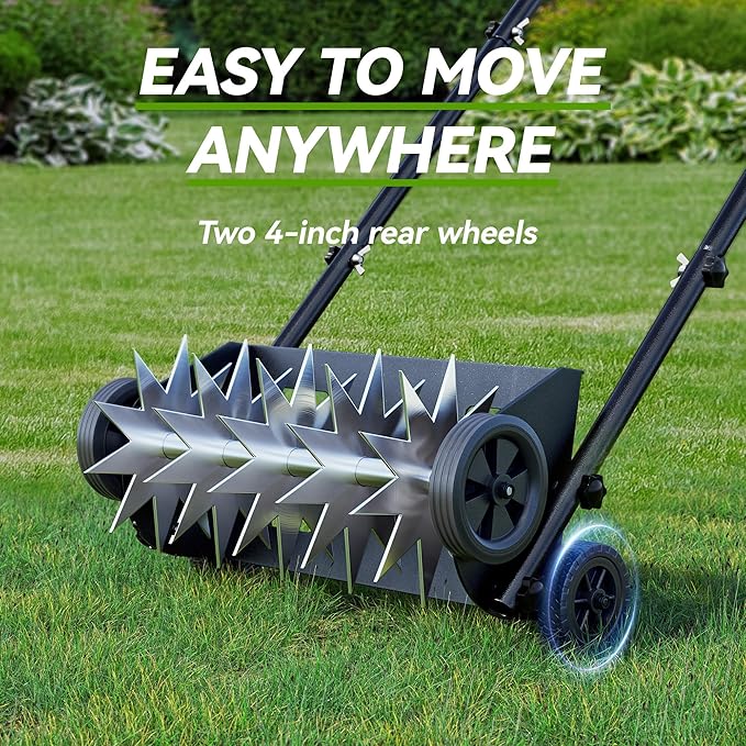 Lineware 18-Inch Lawn Aerator,Heavy Duty Push Spike Aerator with 4 Wheels,Aerator Lawn Tool with Steel Handle, Manual Aerator Lawn Tool with Foam Armrests, Suitable for Lawn, Garden and Yard