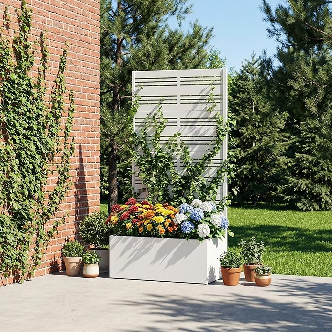 Casaphoria Metal Raised Garden Bed with Trellis, 59"x30"x12" Planter Box for Climbing Plants, Vegetables & Vines, Features Drainage Holes and Privacy Screen, White-Harold