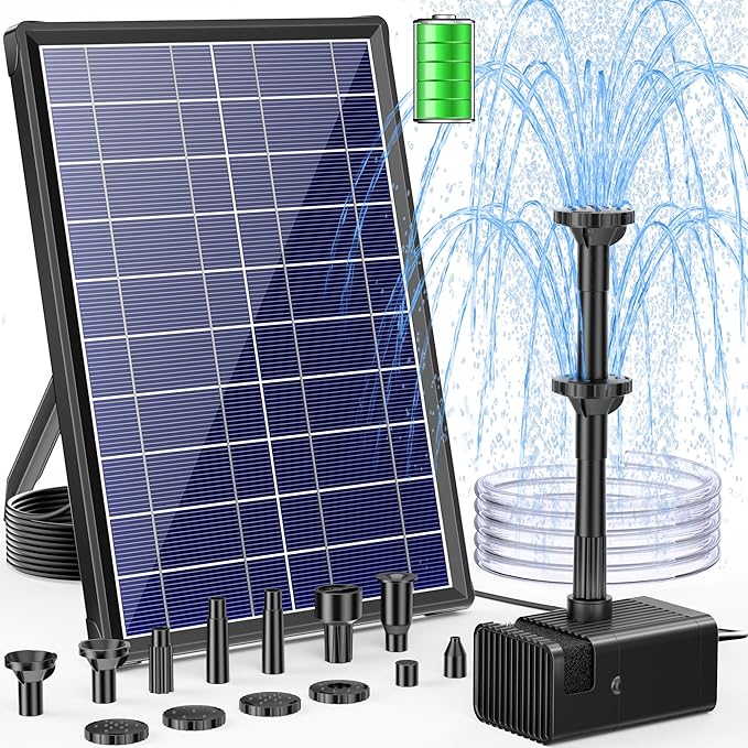 POPOSOAP Solar Fountain Pump with 3600mAh Battery Backup, 8W Solar Powered Bird Bath Fountain with Dry-run Protection & Double-layer Nozzles 5Ft Tubing for Pond, Bird Bath, Backyard Water Feature