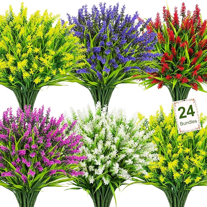 Bassion 24 Bundles Artificial Flowers for Outdoors, Fake Lavender Flowers with Monkey Grass UV Resistant Plastic Faux Plants for Outside Hanging Planter Window Box Garden Patio Front Porch Home Decor