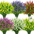 Bassion 24 Bundles Artificial Flowers for Outdoors, Fake Lavender Flowers with Monkey Grass UV Resistant Plastic Faux Plants for Outside Hanging Planter Window Box Garden Patio Front Porch Home Decor