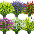 Bassion 24 Bundles Artificial Flowers for Outdoors, Fake Lavender Flowers with Monkey Grass UV Resistant Plastic Faux Plants for Outside Hanging Planter Window Box Garden Patio Front Porch Home Decor