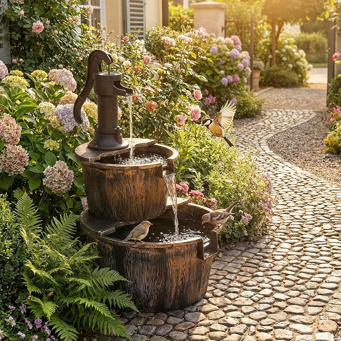 Magshion 27" Tall Outdoor Barrel Pump Water Fountain, 2-Tier Soothing Cascading Waterfall Feature with Electric Recirculating Pump, Garden Decor for Outside Patio, Yard, Porch or Landscape, Bronze
