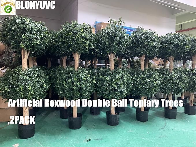4Ft Artificial Boxwood Double Ball Topiary Trees,2PACK Faux Topiaries Tree Store Garden Indoor&Outdoor for Porch Home Decor