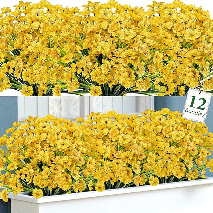 Ouddy Decor 12 Bundles Artificial Flowers for Decorations Fake Silk Plants for Outdoor Indoor UV Resistant Faux Plastic Greenery Stems for Window Garden Porch Home Spring Summer Decoration, Yellow