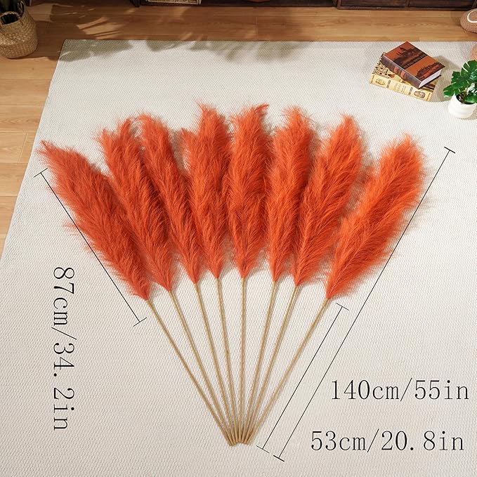 Premium Faux Orange Pampas Grass – 55" Tall Ultra-Fluffy 24-Branch One-Piece Stems No Assembly, Luxury Silk-Feel Feather Flowers for Fall Autumn Boho Home Decor (Tangerine, 8 Stems 140cm)