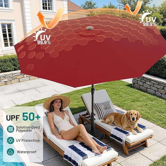 AreShark 9 FT Patio Umbrella for Outdoor, Outdoor Table Umbrella with Push Button Tilt and Crank, Outdoor Patio Umbrellas with 8 Sturdy Ribs for Market, Garden, Pool (Burgundy)