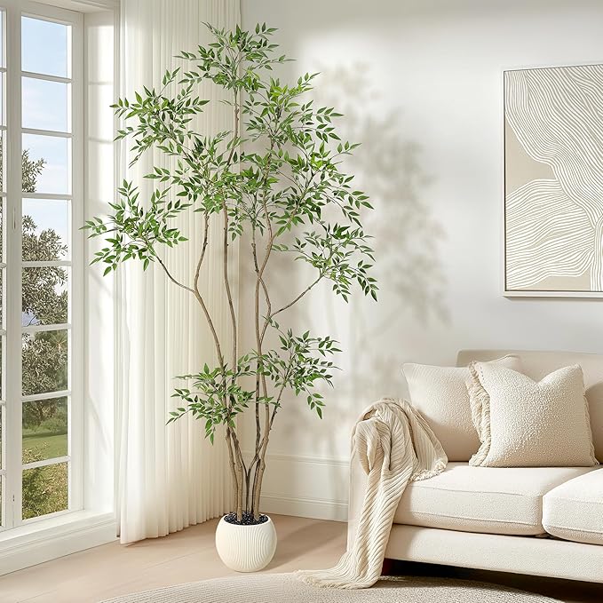 GarveeHome Artificial Plants Indoor,7 ft Tall Faux Floor Plant in Pot, Nandina Artificial Tree with White Planter for Home Decor Office Living Room