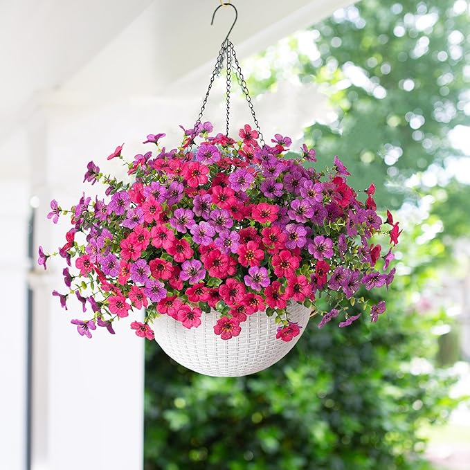 HyeFlora Artificial Fake Hanging Flowers Plants Basket for Outdoor Outside Decoration, Faux Silk UV Resistant Realistic Colorful Daisy in Planter for Porch Patio Garden Yard Home