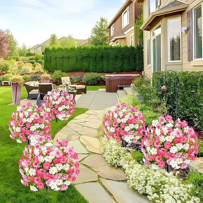 Waipfaru Set of 2 Artificial Boxwood Topiary with Colorful Flowers, 23" UV Resistant Fake Bushes Faux Outdoor Plants, Artificial Shrubs with Ground Spike for Outdoor Garden Front Porch(Pink, White)