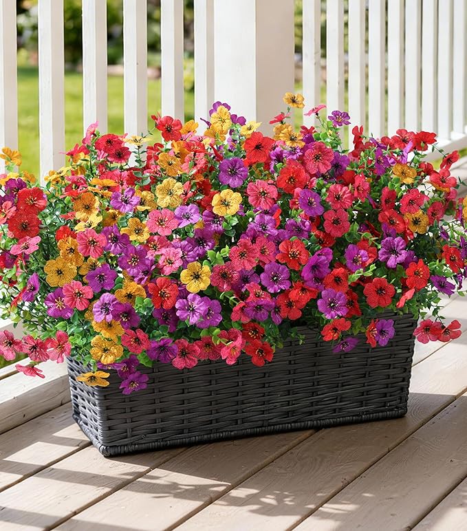 Ivydale Artificial Flowers for Outdoor 24 Bundles Fake Mums with Eucalyptus Leaves UV Resistant Silk Faux Daisy Flower Plant for Outside Home Porch Patio Window Box, 4 Color Mixed
