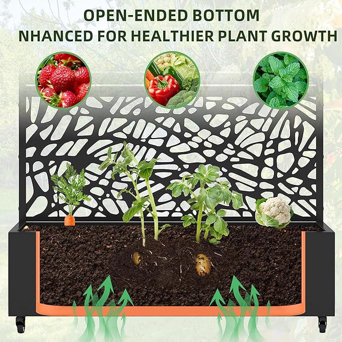 Casaphoria Metal Raised Garden Bed with Trellis and Wheels, 72"x47"x16" Planter Box for Climbing Plants, Vegetables & Vines, Features Drainage Holes and Privacy Screen, Black(Square&Shine)