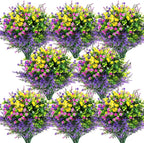 Hananona 48 Pcs Artificial Flowers Outdoor, Faux Artificial Plants UV Resistant Plastic Flower Bulk for Hanging Planter Porch Window Home Wedding Fall Summer Decor (48, Fuchsia, Purple, Yellow, Green)