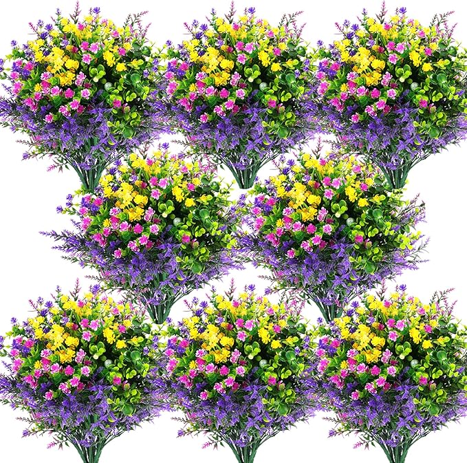 Hananona 24 Pcs Artificial Flowers Outdoor, Faux Artificial Plants UV Resistant Plastic Flower Bulk for Hanging Planter Porch Window Home Wedding Fall Summer Decor (24, Fuchsia, Purple, Yellow, Green)