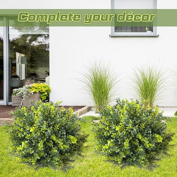 CroBlissful 2 Pack Artificial Boxwood Topiary Ball 24'' Faux Boxwood Tree with Ground Spike UV Resistant Evergreen Bush Fake Outdoor Plants for Front Door Porch Garden Yard Wedding Indoor Decor