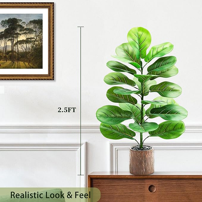 2 Pack Artificial Fiddle Leaf Fig Tree 30in, Faux Fig Trees Floor Plant in Pot Fake Ficus Lyrata Plant, Table Top Plant with Fiddle Leaves for Indoor Outdoor Home, Office, Living Room, Bathroom Decor