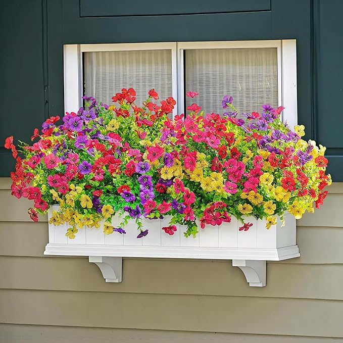 16 Bundles Artificial Fake Flowers Plants for Outdoors Spring Summer Decor,Faux Flowers Plant Silk Daisy UV Resistant for Outside Planters Front Porch Patio Yard Garden Home(Red,Purple,Yellow,Fuchsia)