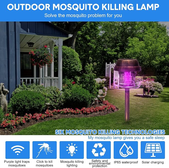 Qualirey 4 Pcs Solar Mosquito Zapper Outdoor Waterproof Solar Powered Bug Zapper Outdoor Mosquito Killer Lamp Trap Repellent Light for Garden Yard Insect (Purple and White Light,Bronze)