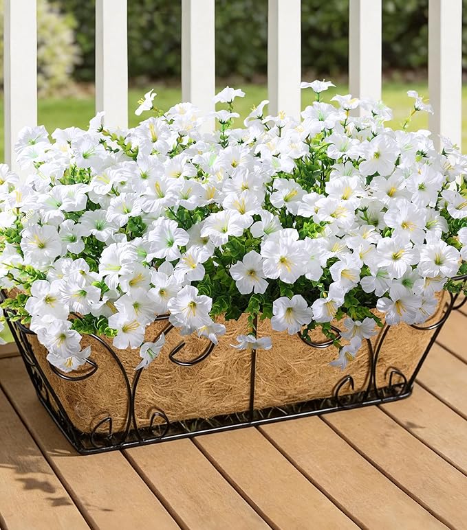 Artificial Flowers for Outdoors Fake Plants Outside Decoration, 20 Bundles White Silk Petunia with Eucalyptus UV Resistant Realistic Faux Flowers for Outdoor Planters Garden Balcony Yard Porch Patio
