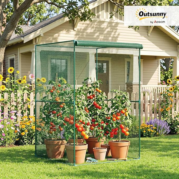 Outsunny 4' x 4' x 6' Crop Cage, Plant Protection Tent with Zippered Doors for Vegetable Garden, Backyard, Dark Green