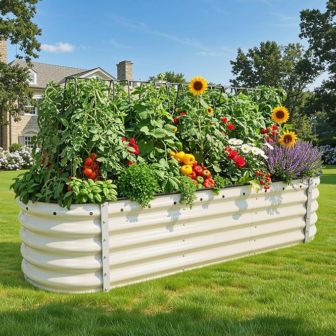 YITAHOME 2pcs 6.5x2x1.5ft Large Raised Garden Bed Kit, Galvanized Metal Planter Box with Gloves & Safety Rubber, Outdoor Above Ground Planters for Plants Vegetables Flowers, Cream Yellow