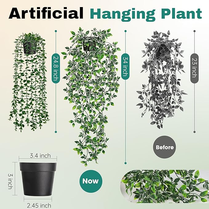 Der Rose 2 Pack Fake Hanging Plants Artificial Potted Plants Indoor and Outdoor for Office Living Room Bathroom Wall Shelf Decor